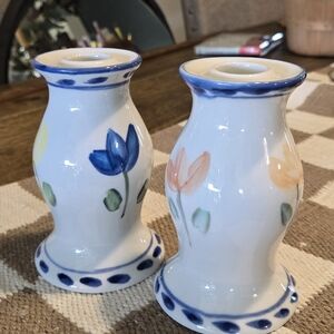 Hand-Painted Floral Ceramic Candle Holders - Blue & Peach
